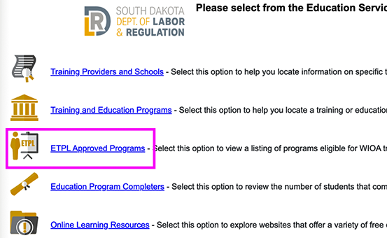 Graphic showing how to find ETPL Approved Programs from the SDWORKS menu