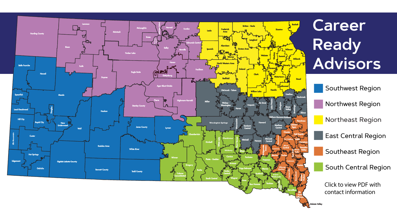 Map of Career Ready Advisors in South Dakota. Click on image to view detailed PDF. 