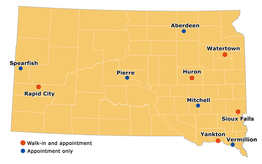 South Dakota map showing the services areas of the DLR local offices