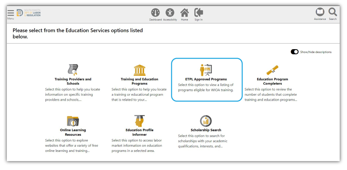 Image of Education Services screen. Item circled is where to click to view ETPL Approved Programs. 