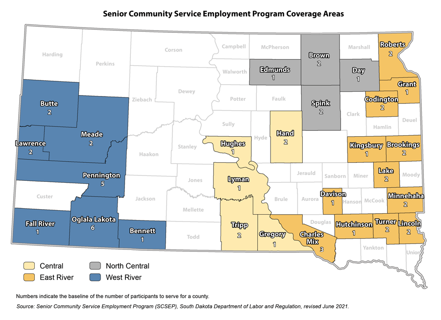 Map of the Senior Community Service Employment Program Coverage Areas by County.