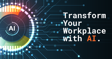 Graphic with a futuristic circular circuit interface and the text "Transform Your Workplace with AI.