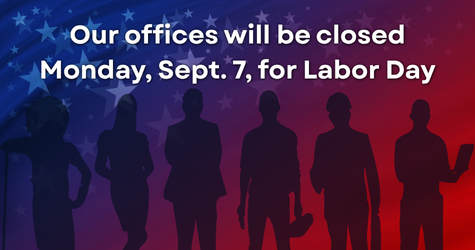 Blue to red gradient background with stars and worker silhouettes with text about holiday closing on Sept. 7