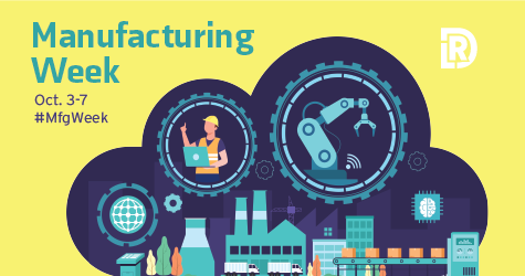Manufacturing Week. Illustration of different manfacturing icons and cogs. 