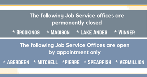 The following Job Service offices will be permanently closed effective Friday, Feb. 9, 2024. * Brookings     * Madison     * Lake Andes     * Winner   The following Job Service Offices will be open by
appointment only starting Friday, Feb. 9, 2024.  * Aberdeen   * Mitchell   *Pierre   * Spearfish   * Vermillion