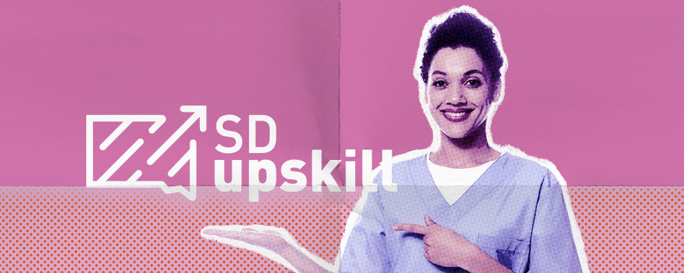 Nurse pointing to SD UpSkill logo