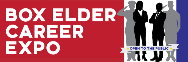 Box Elder Career Expo promotional banner featuring text 'Open to the Public' alongside silhouettes of business professionals and saluting military service members.