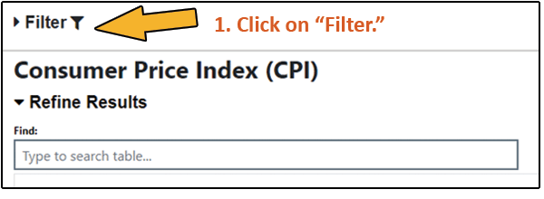 Screen shot of virtual system with step 1 of instructions for finding Consumer Price Index (CPI) data