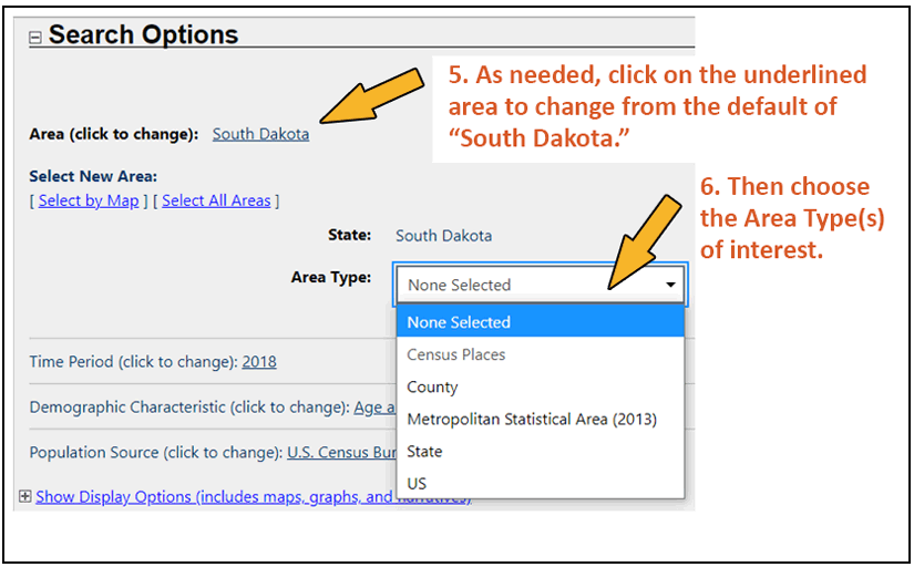 Screen shot of virtual system with steps 5 and 6 of instructions for finding population data by age and gender