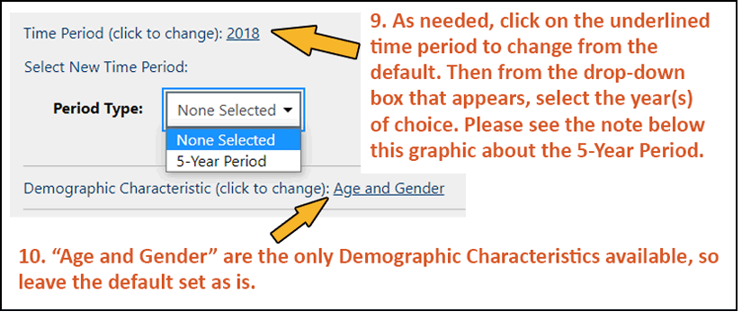 Screen shot of virtual system with step 9 of instructions for finding population data by age and gender