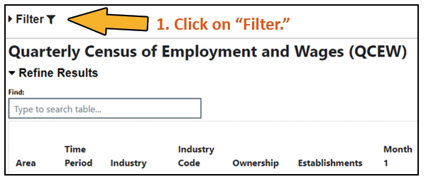 Screen shot of virtual system with step 1 of instructions for finding Quarterly Census of Employment and Wage (QCEW)  data 