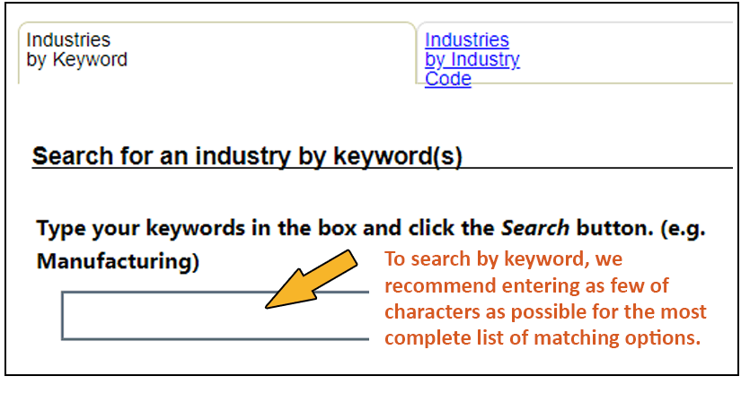 Screen shot of virtual system with instructions for finding Quarterly Census of Employment and Wage (QCEW) data  by searching for industries by keyword