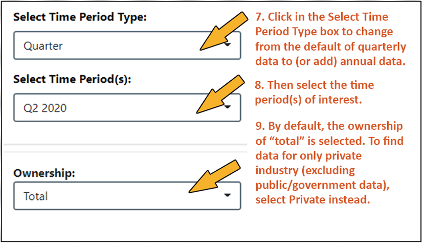 Screen shot of virtual system with steps 7 through 9 of instructions for finding Quarterly Census of Employment and Wage (QCEW) data 