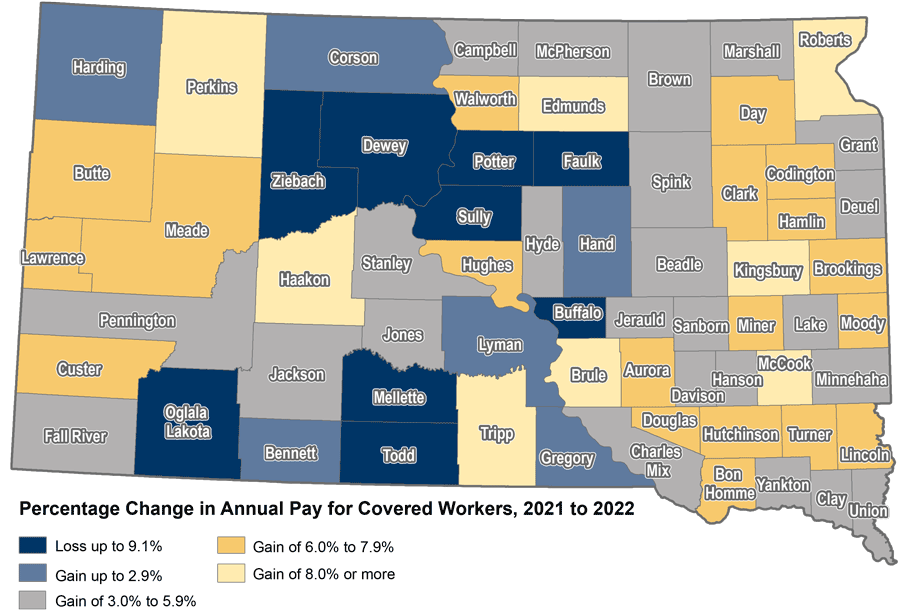 County map showing percent change in annual pay of covered workers from 2021 to 2022