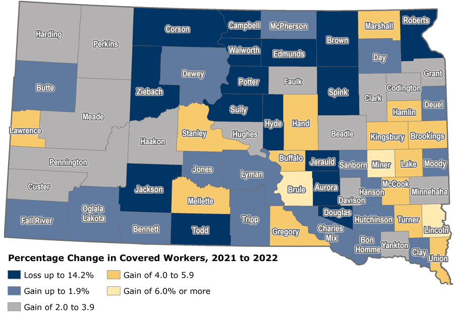 County map showing percent change in covered worker levels from 2021 to 2022