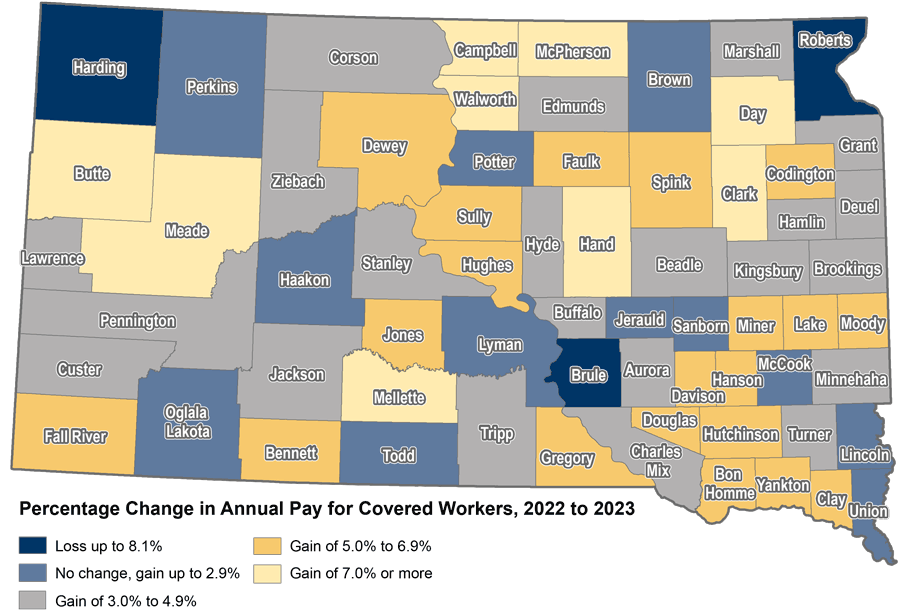 County map showing percent change in annual pay of covered workers from 2022 to 2023