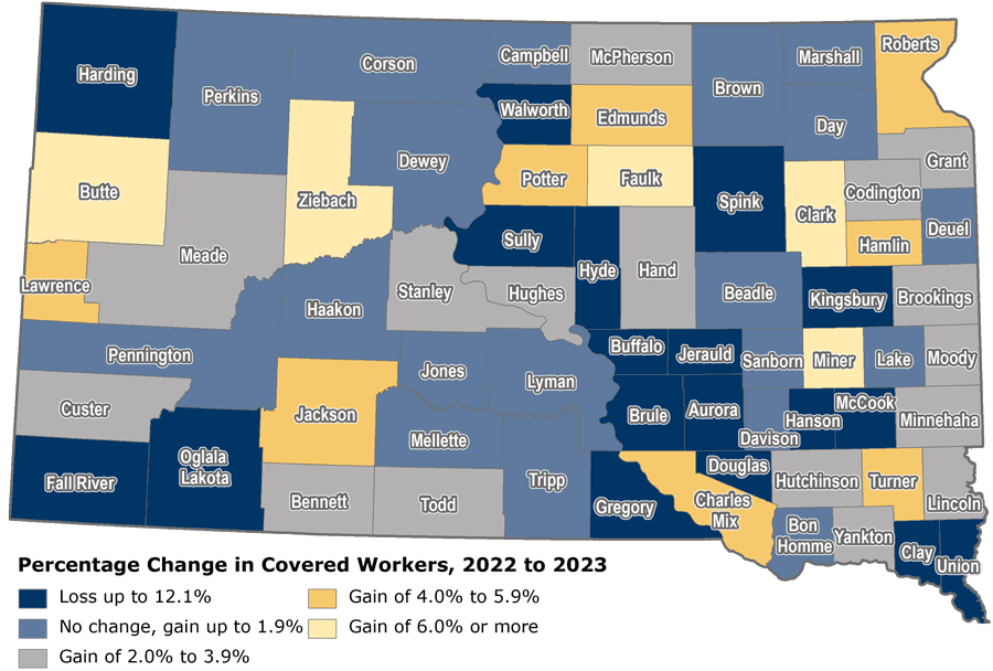 County map showing percent change in covered worker levels from 2022 to 2023