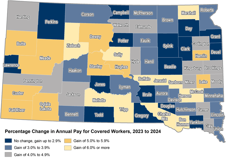County map showing percent change in annual pay of covered workers from 2023 to 2024 County map showing percent change in annual pay of covered workers from 2023 to 2024