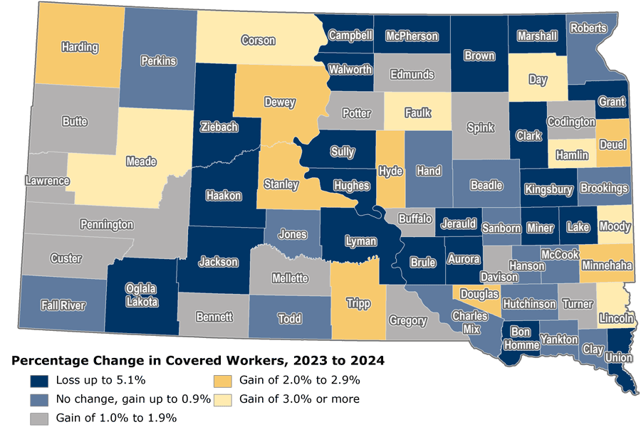 County map showing percent change in covered worker levels from 2023 to 2024