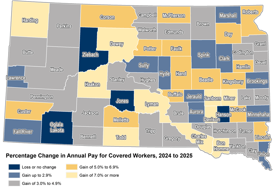 County map showing percent change in annual pay of covered workers from 2023 to 2024