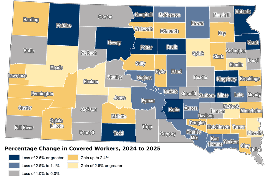 County map showing percent change in covered worker levels from 2023 to 2024