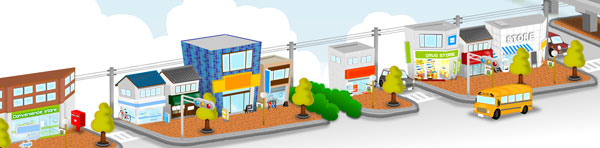 Cartoon style graphic of a small town main street