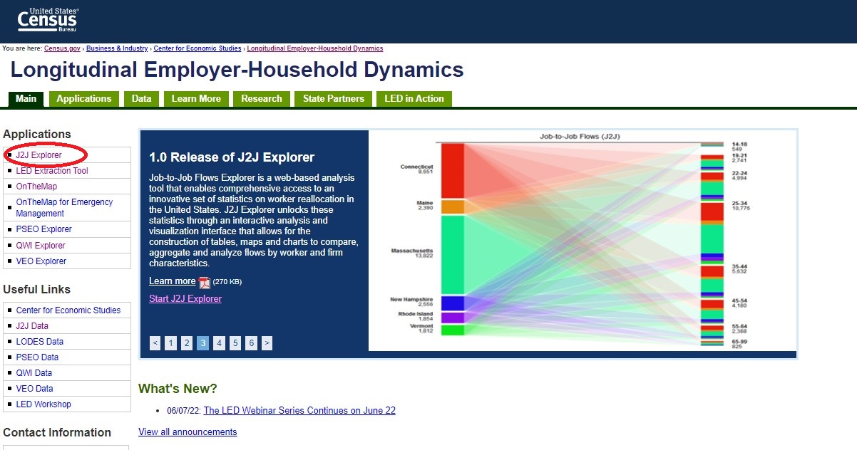 Longitudinal Employer Household Dynamics (LEHD) homepage screenshot, showing where to find the J2J Explorer application