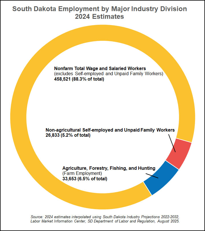 Pie graph of estimated SD employment in 2024 by major industry type