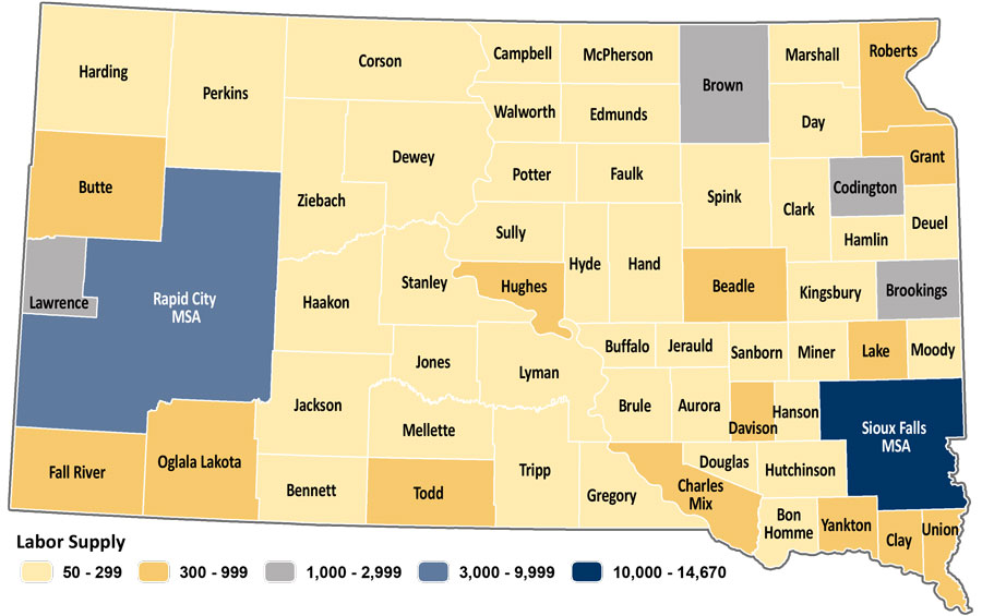 Map showing estimated labor supply for South Dakota counties. The same data is available in table format at https://dlr.sd.gov/lmic/lbtables/laborsupply.aspx