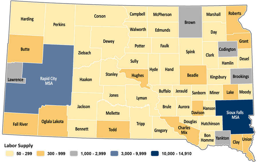 Map showing estimated labor supply for South Dakota counties. The same data is available in table format at https://dlr.sd.gov/lmic/lbtables/laborsupply.aspx