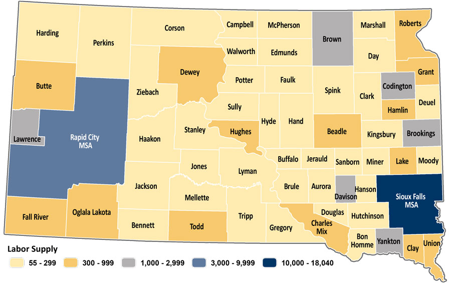 Map showing estimated labor supply for South Dakota counties. The same data is available in table format at https://dlr.sd.gov/lmic/lbtables/laborsupply.aspx