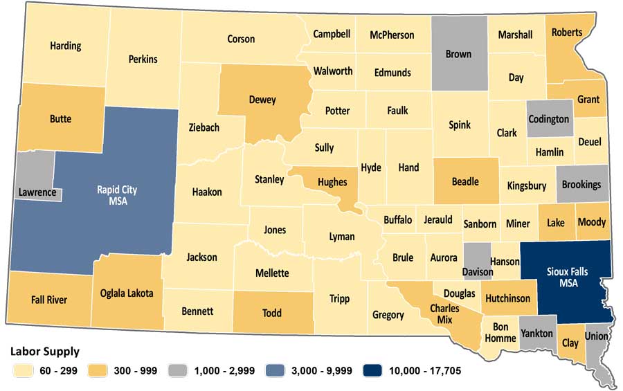 Map showing estimated labor supply for South Dakota counties. The same data is available in table format at https://dlr.sd.gov/lmic/lbtables/laborsupply.aspx