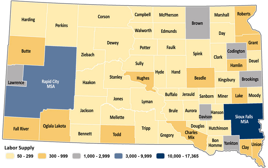 Map showing estimated labor supply for South Dakota counties. The same data is available in table format at https://dlr.sd.gov/lmic/lbtables/laborsupply.aspx
