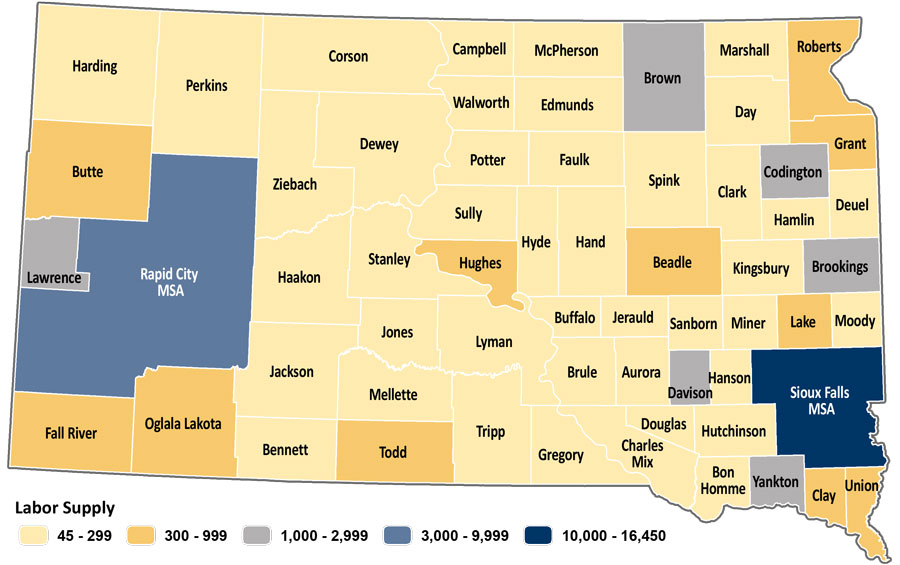 Map showing estimated labor supply for South Dakota counties. The same data is available in table format at https://dlr.sd.gov/lmic/lbtables/laborsupply.aspx