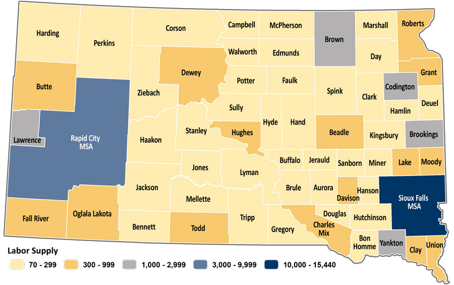 Map showing estimated labor supply for South Dakota counties. The same data is available in table format at https://dlr.sd.gov/lmic/lbtables/laborsupply.aspx