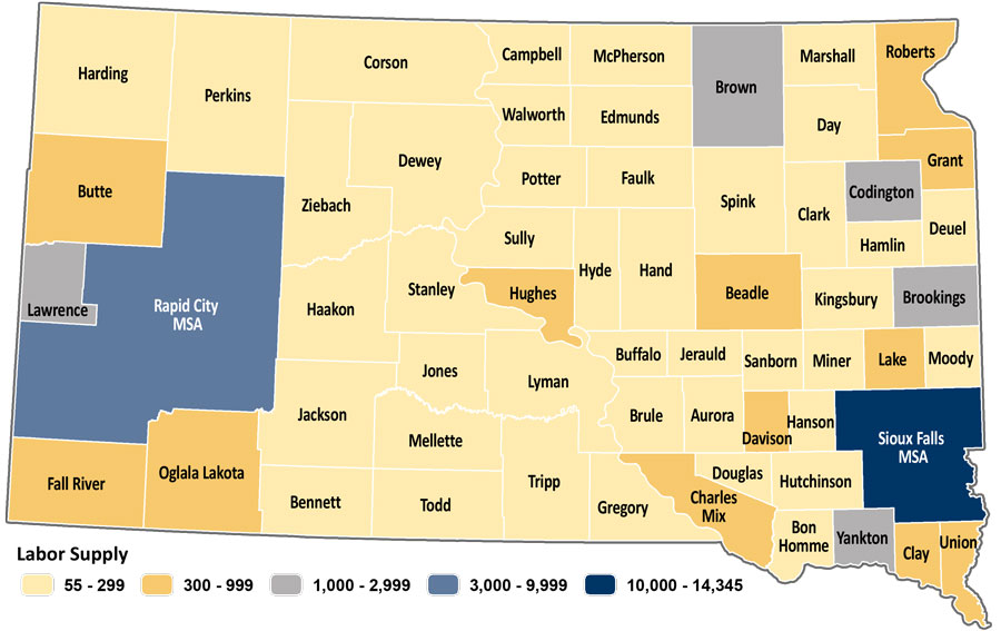 Map showing estimated labor supply for South Dakota counties. The same data is available in table format at https://dlr.sd.gov/lmic/lbtables/laborsupply.aspx