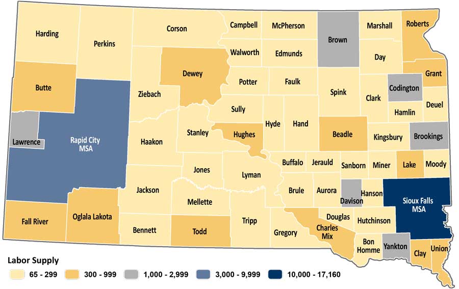 Map showing estimated labor supply for South Dakota counties. The same data is available in table format at https://dlr.sd.gov/lmic/lbtables/laborsupply.aspx