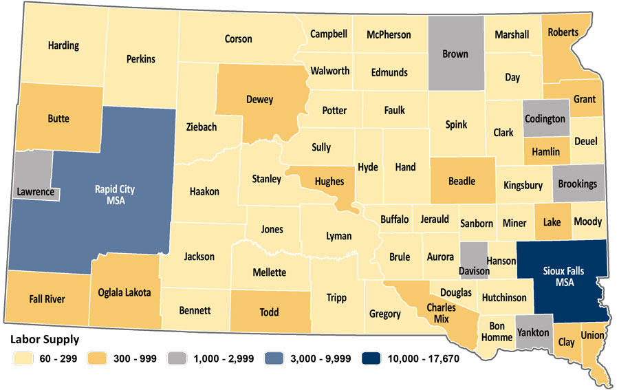 Map showing estimated labor supply for South Dakota counties. The same data is available in table format at https://dlr.sd.gov/lmic/lbtables/laborsupply.aspx Map showing estimated labor supply for South Dakota counties. The same data is available in table format at https://dlr.sd.gov/lmic/lbtables/laborsupply.aspx