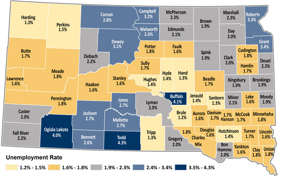 Map showing unemployment rates by county in South Dakota. The same data is available in table format at https://dlr.sd.gov/lmic/lbtables/countylf.aspx