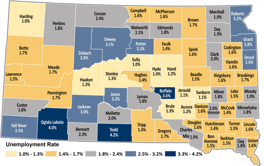 Map showing unemployment rates by county in South Dakota. The same data is available in table format at https://dlr.sd.gov/lmic/lbtables/countylf.aspx