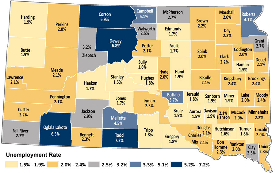 Map showing unemployment rates by county in South Dakota. The same data is available in table format at https://dlr.sd.gov/lmic/lbtables/countylf.aspx