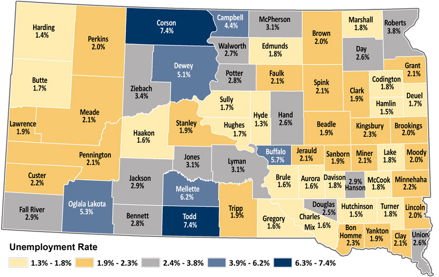 Map showing unemployment rates by county in South Dakota. The same data is available in table format at https://dlr.sd.gov/lmic/lbtables/countylf.aspx
