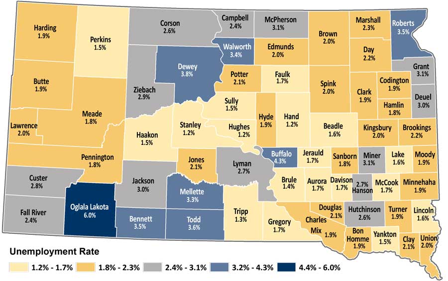 Map showing unemployment rates by county in South Dakota. The same data is available in table format at https://dlr.sd.gov/lmic/lbtables/countylf.aspx