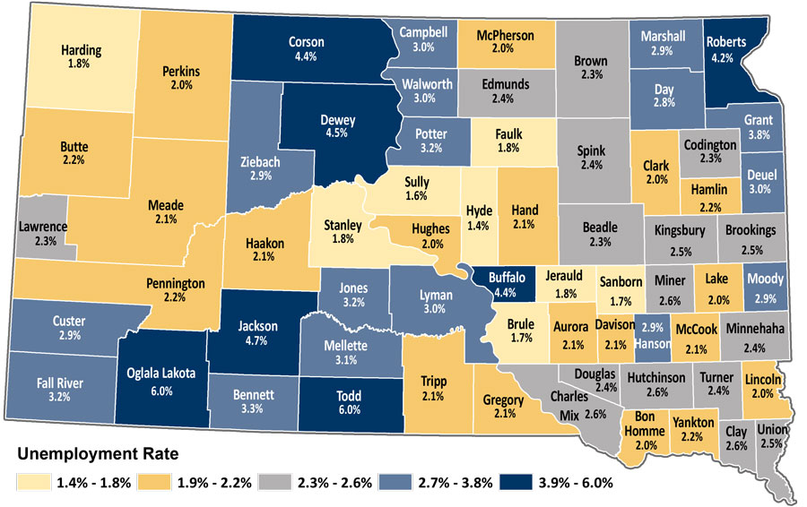 Map showing unemployment rates by county in South Dakota. The same data is available in table format at https://dlr.sd.gov/lmic/lbtables/countylf.aspx