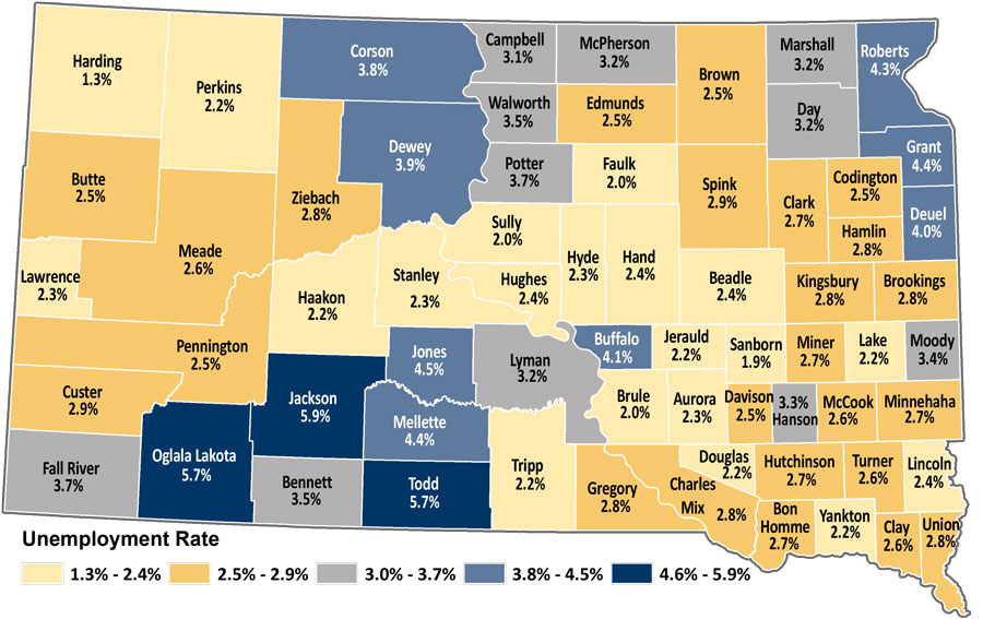 Map showing unemployment rates by county in South Dakota. The same data is available in table format at https://dlr.sd.gov/lmic/lbtables/countylf.aspx