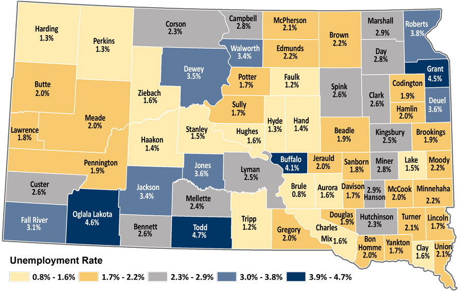 Map showing unemployment rates by county in South Dakota. The same data is available in table format at https://dlr.sd.gov/lmic/lbtables/countylf.aspx