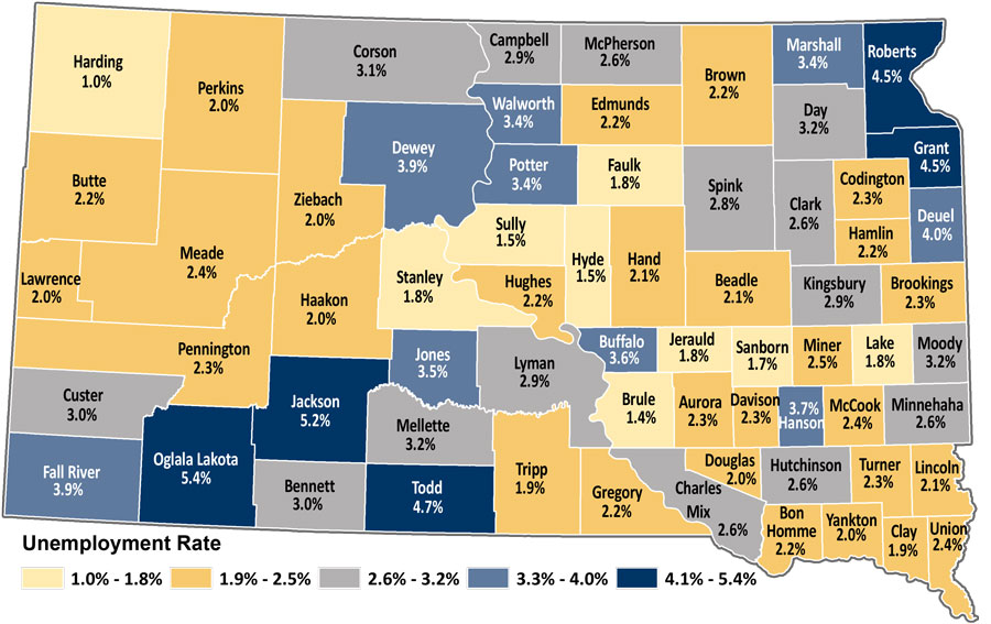 Map showing unemployment rates by county in South Dakota. The same data is available in table format at https://dlr.sd.gov/lmic/lbtables/countylf.aspx