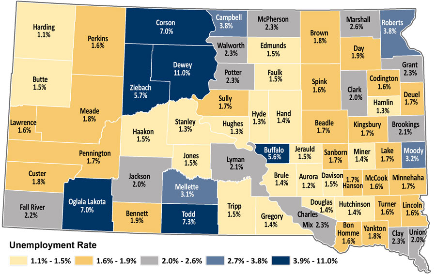 Map showing unemployment rates by county in South Dakota. The same data is available in table format at https://dlr.sd.gov/lmic/lbtables/countylf.aspx