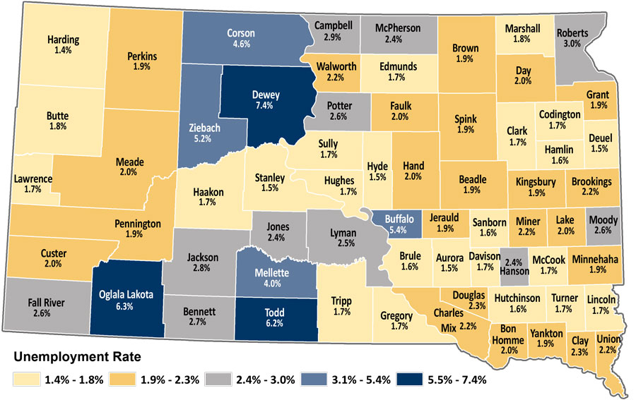 Map showing unemployment rates by county in South Dakota. The same data is available in table format at https://dlr.sd.gov/lmic/lbtables/countylf.aspx