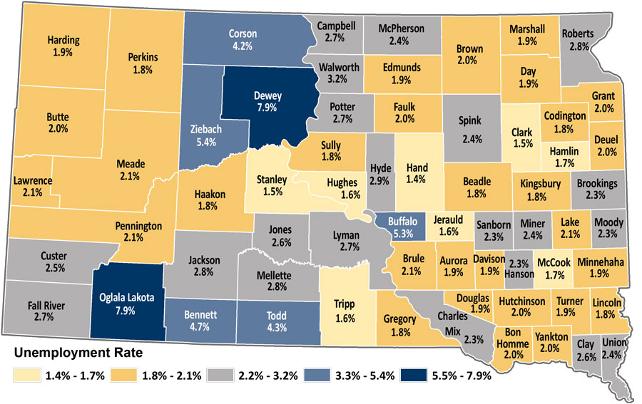 Map showing unemployment rates by county in South Dakota. The same data is available in table format at https://dlr.sd.gov/lmic/lbtables/countylf.aspx